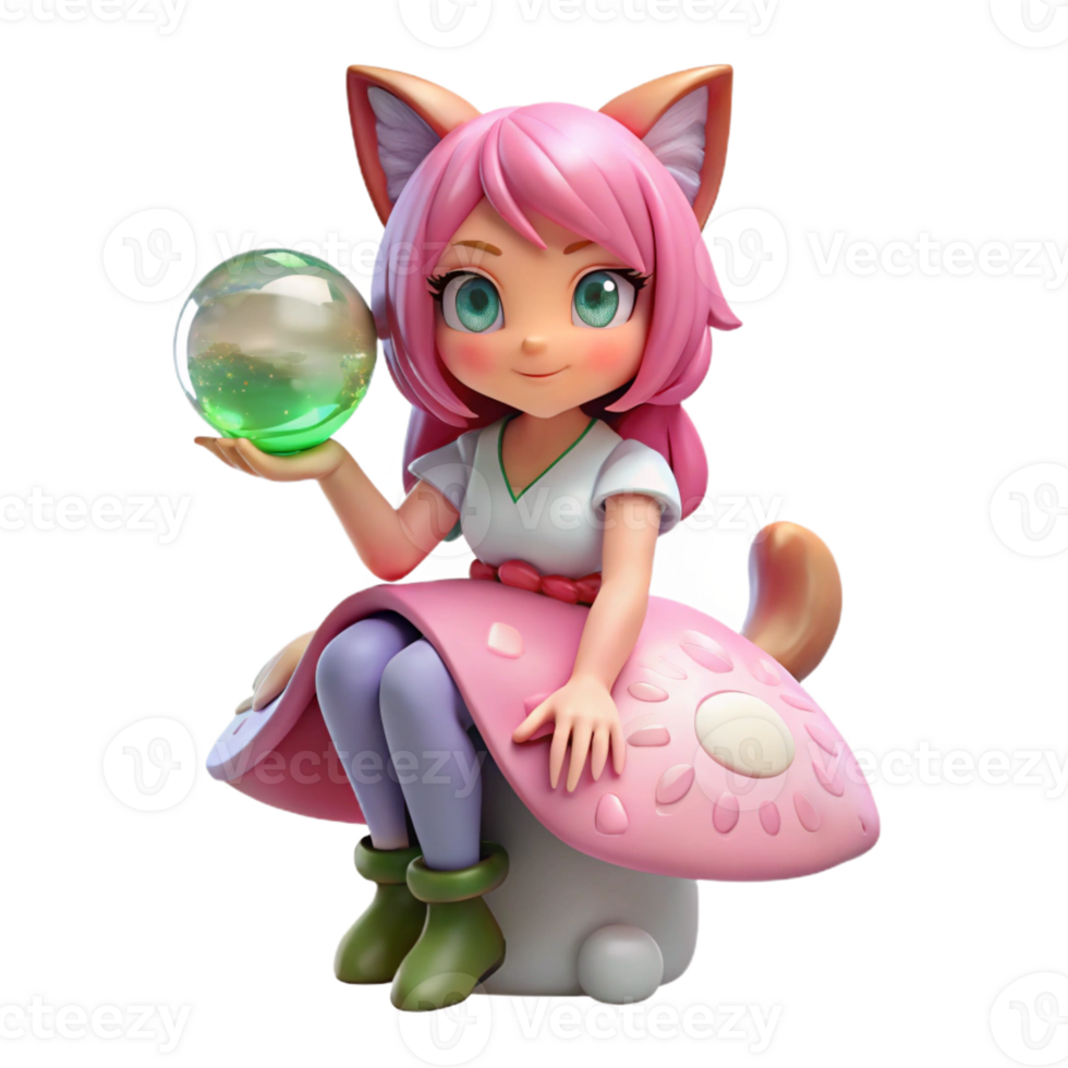 vibrant artistic A whimsical, pink-haired catgirl with large emerald eyes sits perched atop a giant mushroom, holding a sparkling crystal ball. Soft, pastel lighting. Anime style detailed png