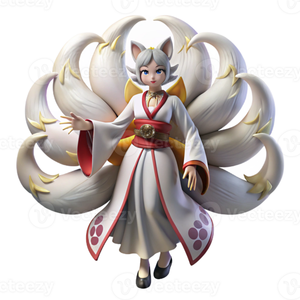 beautiful artistic A cunning kitsune, with nine flowing tails, transforming into a beautiful woman under the light of a full moon. Mysterious lighting and Japanese art style professional png