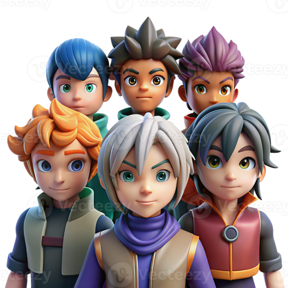 dramatic classic A group of five diverse anime characters, each with distinct hairstyles and outfits, stand together, ready for battle. Dynamic lighting with contrasting shadows. Anime style exclusive png