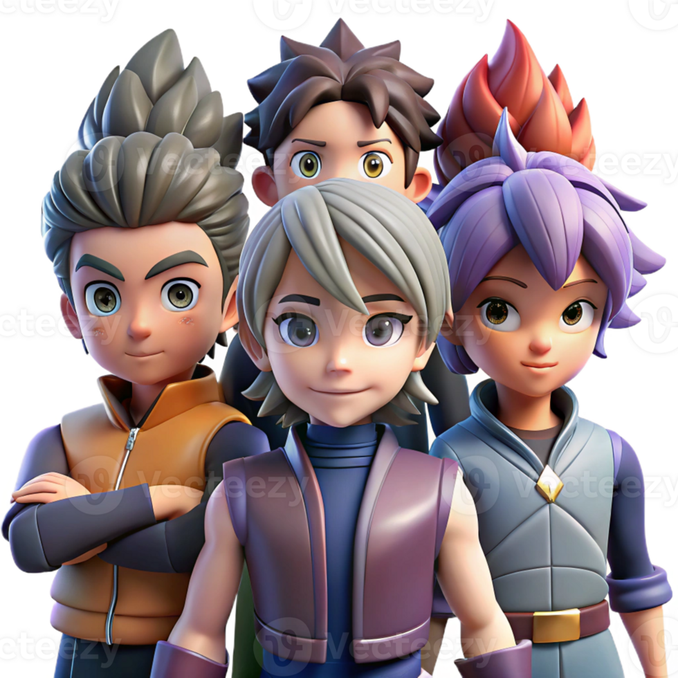 serene classic A group of five diverse anime characters, each with distinct hairstyles and outfits, stand together, ready for battle. Dynamic lighting with contrasting shadows. Anime style genuine png