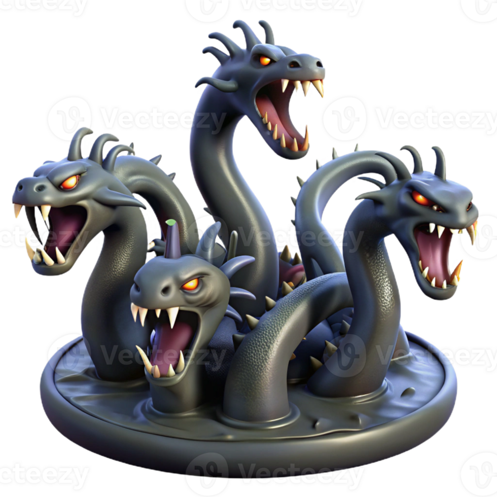 dramatic vintage A fearsome hydra, with multiple serpentine heads, rising from a murky swamp. Dark, ominous lighting. Symbolist style detailed png