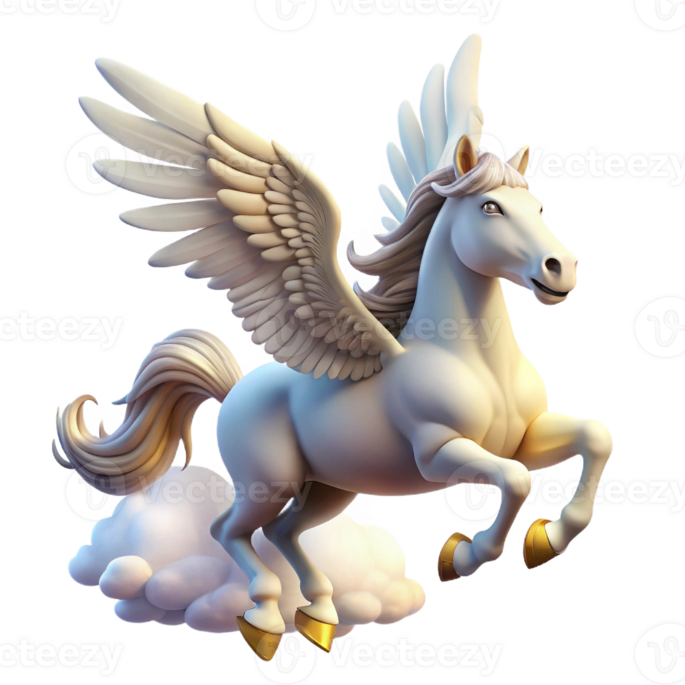 wonderful artistic A graceful pegasus, with feathered wings and a pure white coat, soaring through a cloudy sky. Bright, heavenly lighting. Classical style detailed png