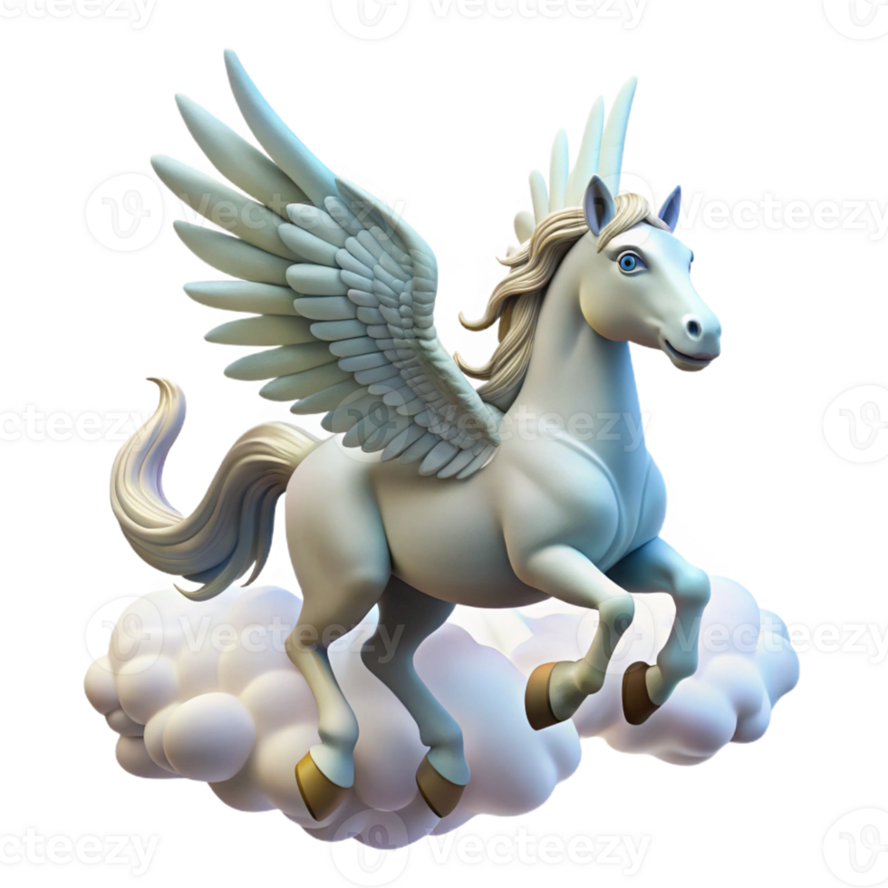 magnificent creative A graceful pegasus, with feathered wings and a pure white coat, soaring through a cloudy sky. Bright, heavenly lighting. Classical style detailed png