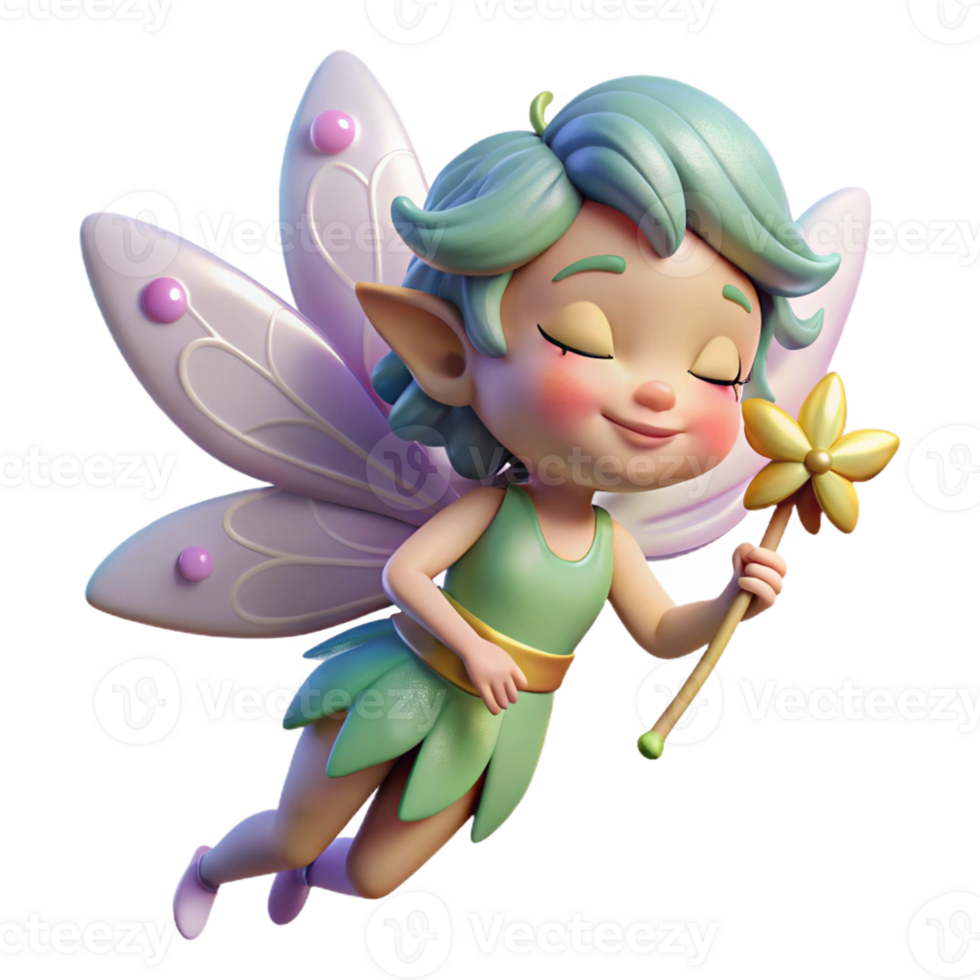 serene minimalist A whimsical pixie, with iridescent wings and a mischievous grin, sprinkling fairy dust over a sleeping flower. Soft, sparkling lighting. Children's book illustration style original png