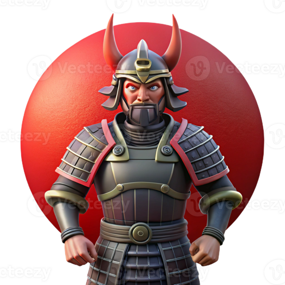 impressive rustic A stoic samurai with a stern expression, clad in traditional armor, stands silhouetted against a blood-red moon. Anime style original png
