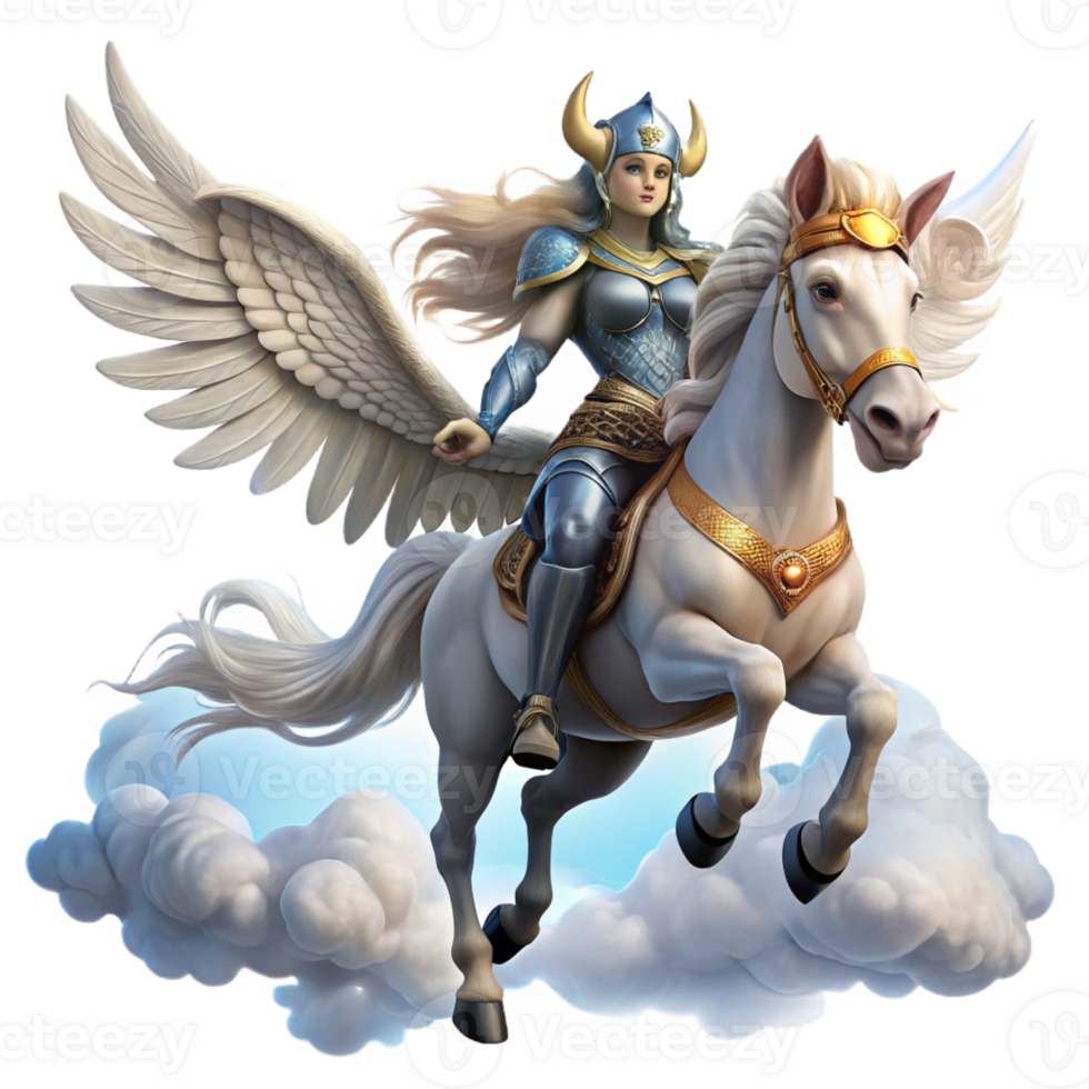 dramatic creative A beautiful Valkyrie, with winged helmet and shining armor, riding a majestic eight-legged horse through the sky. Dramatic, cloudy lighting. Norse mythology style exclusive png
