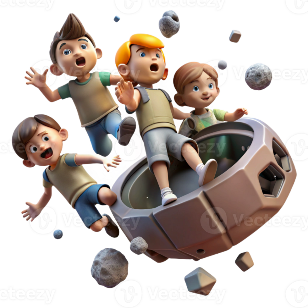 impressive artistic A group of children play zero-gravity tag amidst floating debris in a derelict spaceship. Dystopian style, dim lighting, gritty realism high quality png