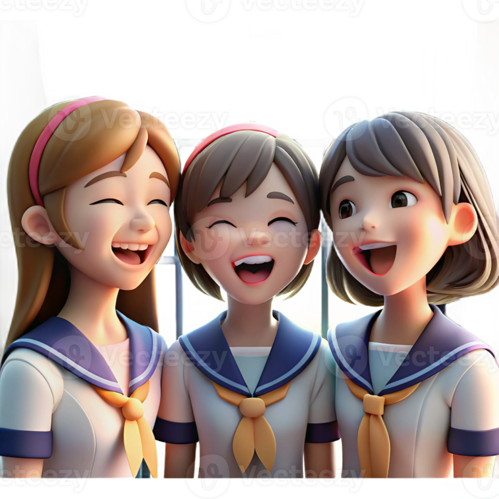 beautiful classic A group of schoolgirls in sailor uniforms laugh together, illuminated by the warm sunlight streaming through a classroom window. Anime style high quality png
