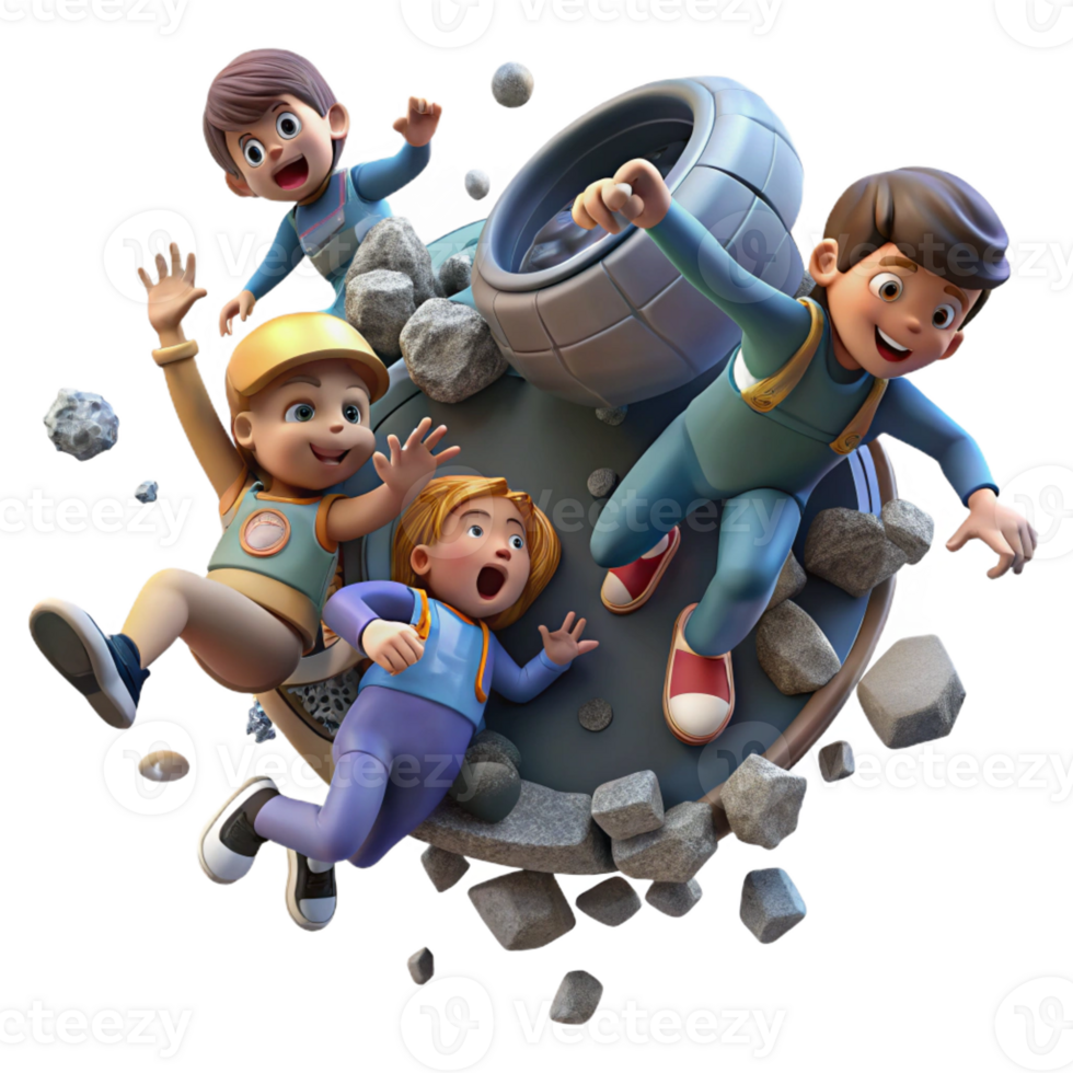 wonderful contemporary A group of children play zero-gravity tag amidst floating debris in a derelict spaceship. Dystopian style, dim lighting, gritty realism high resolution png