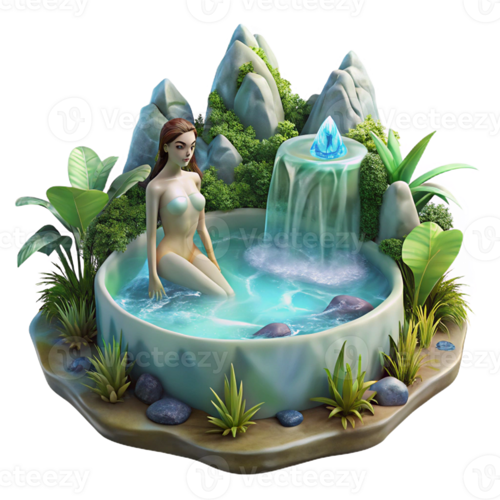elegant creative A mysterious nymph, bathing in a crystal-clear waterfall, surrounded by lush vegetation. Soft, natural lighting. Romantic style authentic png