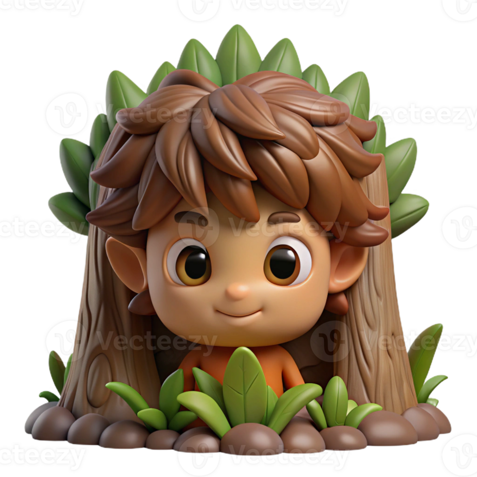 stunning abstract A mischievous brownie, with shaggy hair and pointed ears, hiding amongst the roots of an ancient tree. Dim, forest lighting. Folklore style detailed png