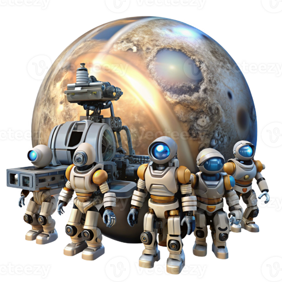 stunning contemporary A group of robots assemble a colossal spaceship in orbit around a gas giant. Industrial sci-fi style, harsh lighting, detailed machinery genuine png