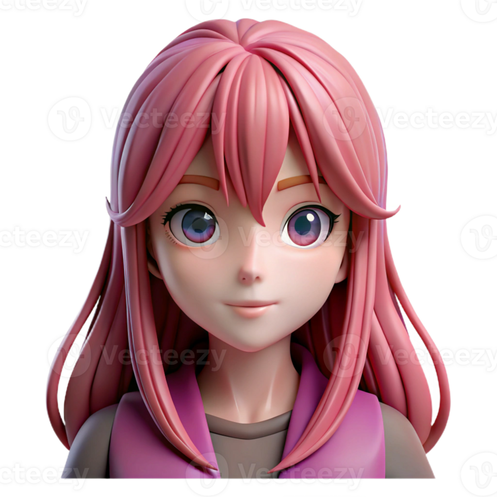 extraordinary modern A close-up portrait of a female anime character with long, flowing pink hair and gentle, melancholic eyes. Soft, diffused lighting. Anime style 4K png