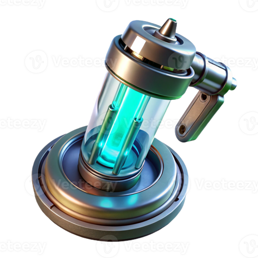elegant contemporary A futuristic weapon, pulsing with energy, floats in the center of a sterile laboratory. Sci-fi thriller style, dramatic lighting, metallic reflections high quality png