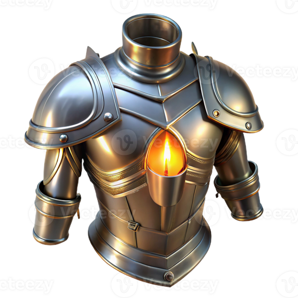 vibrant creative A gleaming suit of plate armor, reflecting flickering candlelight, intricate engravings, realistic metallic sheen, chiaroscuro lighting professional png