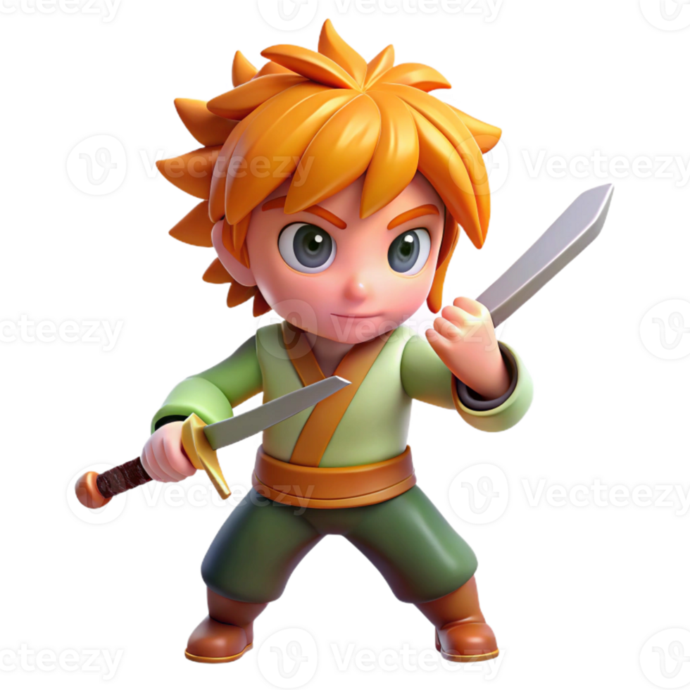 beautiful rustic A young boy with bright orange hair and determined eyes trains with a wooden sword in a forest clearing. Soft, natural lighting. Anime style original png