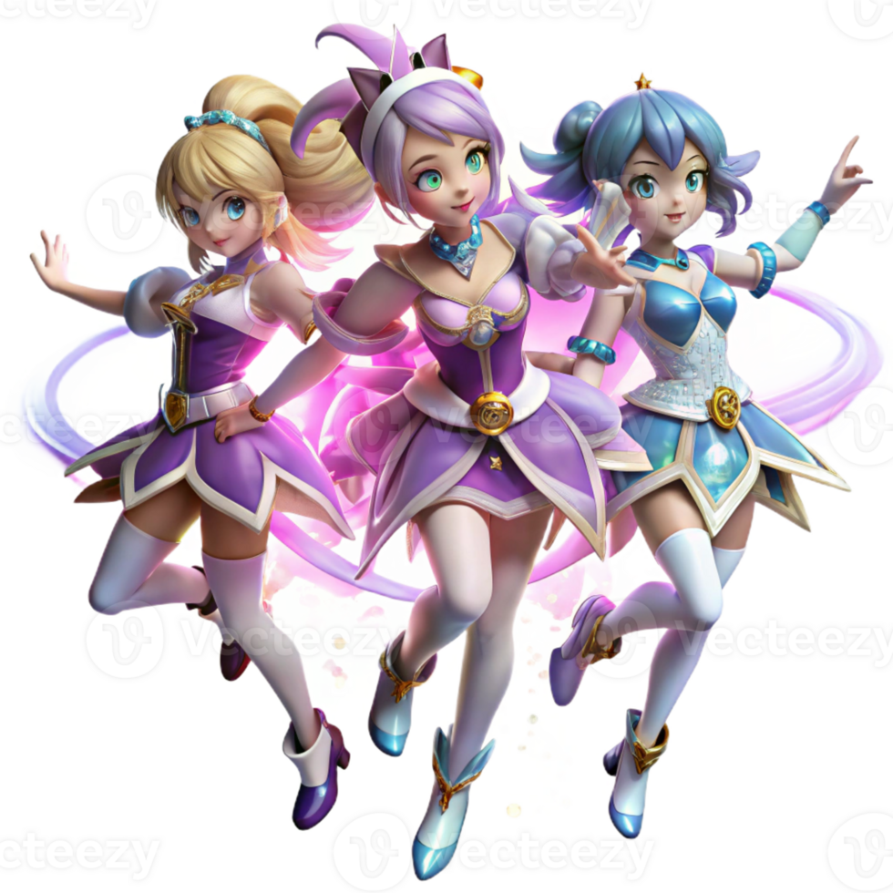 serene artistic A group of magical girls transform into their battle outfits, surrounded by swirling light and sparkles. Bright, magical lighting. Anime style exclusive png