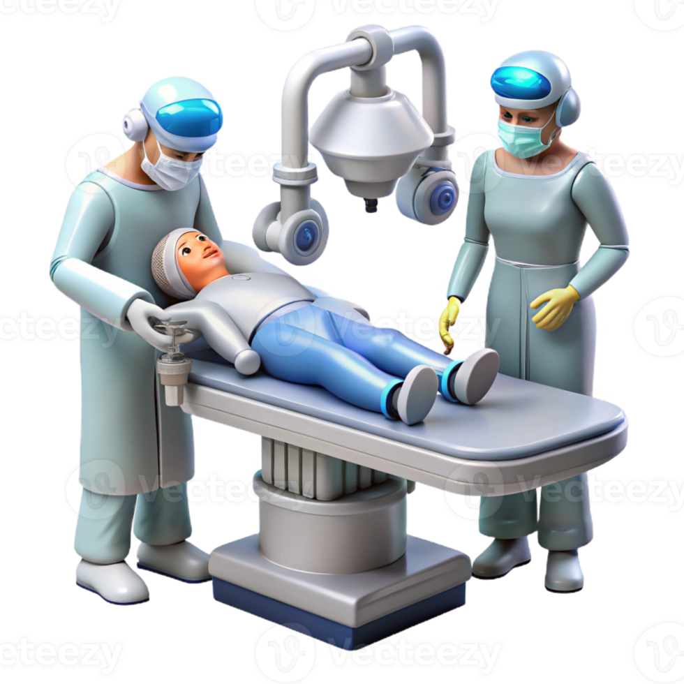 serene contemporary A robotic surgeon performs a complex operation on a cyborg patient in a futuristic operating room. Medical sci-fi style, sterile lighting, detailed medical equipment detailed png
