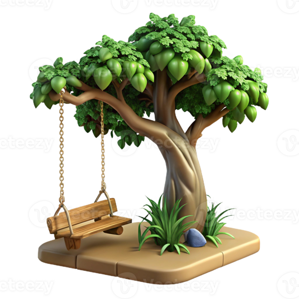 beautiful minimalist A gnarled oak tree with a weathered wooden swing hanging from a branch, overgrown with ivy, dappled sunlight, fairytale illustration style premium png