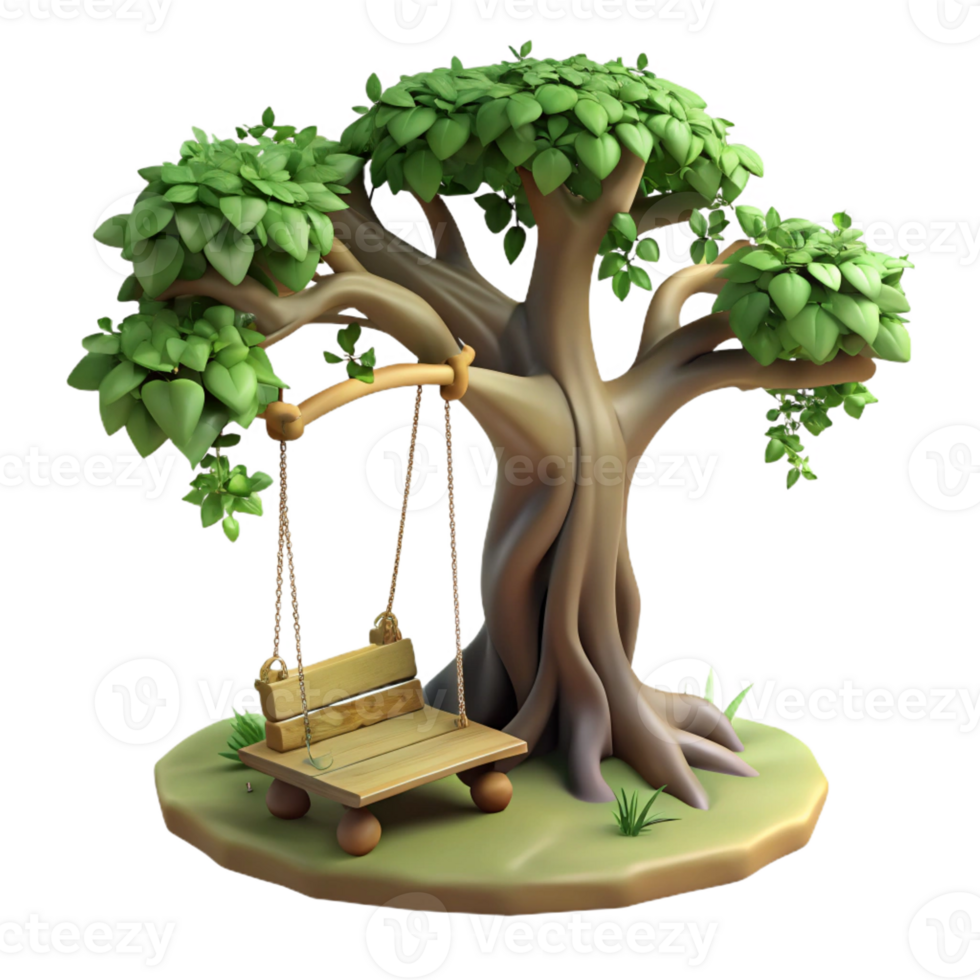 extraordinary rustic A gnarled oak tree with a weathered wooden swing hanging from a branch, overgrown with ivy, dappled sunlight, fairytale illustration style authentic png