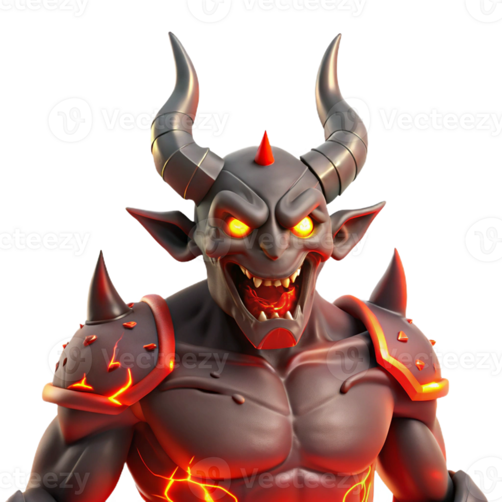 serene contemporary A powerful demon with horns and glowing red eyes stands amidst a fiery landscape. Dramatic, infernal lighting. Anime style exclusive png