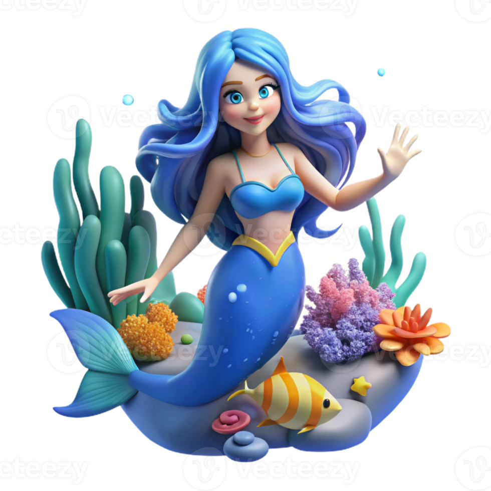magnificent classic A serene underwater scene featuring a mermaid with long, flowing blue hair swimming amongst coral reefs and colorful fish. Soft, underwater lighting. Anime style professional png