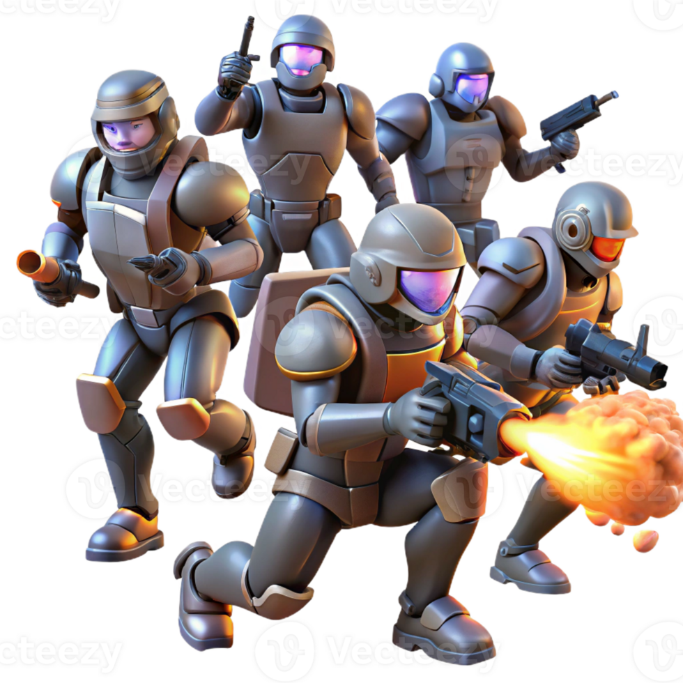 magnificent minimalist A group of rebels fights against an army of robots in a war-torn cityscape. Dystopian sci-fi style, explosive lighting, dynamic action premium png