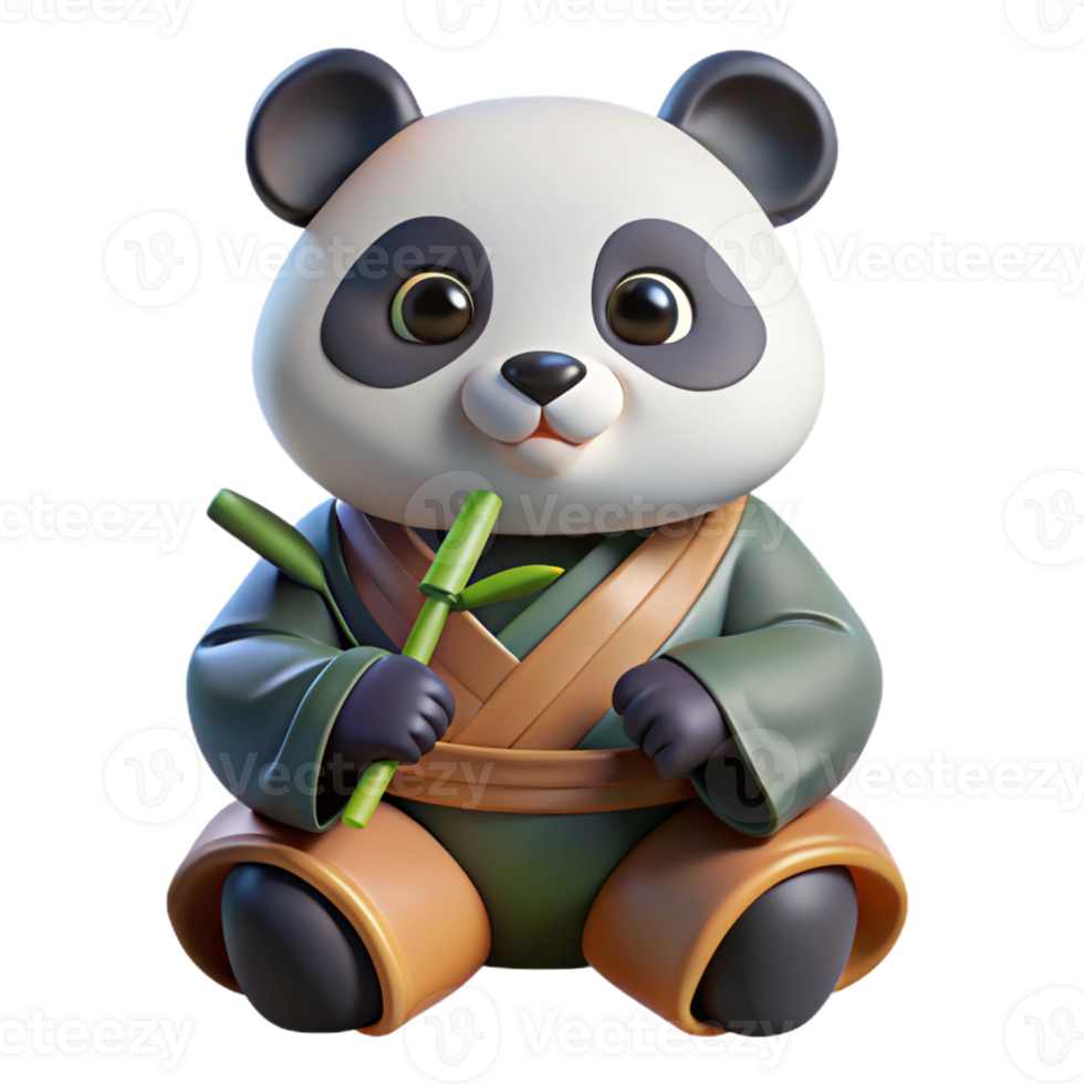 magnificent artistic A cute and cuddly panda bear wearing a kimono sits and eats bamboo. Soft, natural lighting. Anime style high resolution png