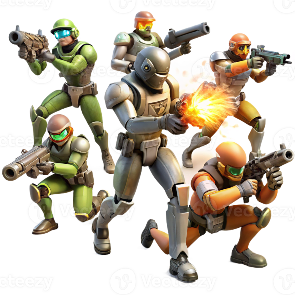 magnificent artistic A group of rebels fights against an army of robots in a war-torn cityscape. Dystopian sci-fi style, explosive lighting, dynamic action high resolution png