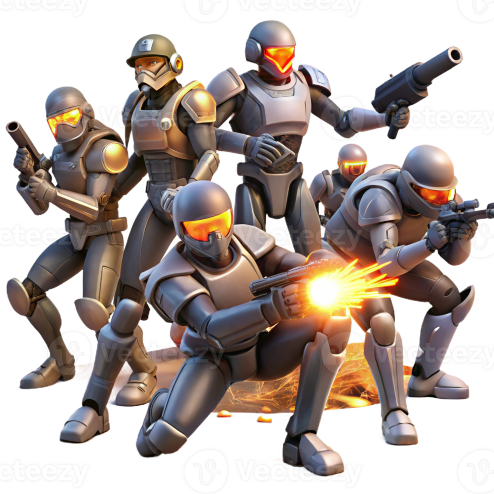 vibrant traditional A group of rebels fights against an army of robots in a war-torn cityscape. Dystopian sci-fi style, explosive lighting, dynamic action original png