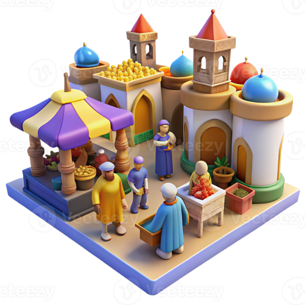 wonderful abstract A bustling medieval marketplace scene with merchants and patrons, vibrant colors, impressionistic style, midday sun authentic png