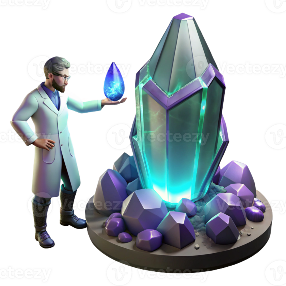 impressive contemporary A scientist examines a strange, glowing crystal discovered on an alien planet. Archaeological sci-fi style, mysterious lighting, detailed textures high resolution png