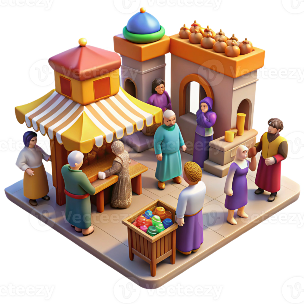 stunning rustic A bustling medieval marketplace scene with merchants and patrons, vibrant colors, impressionistic style, midday sun premium png