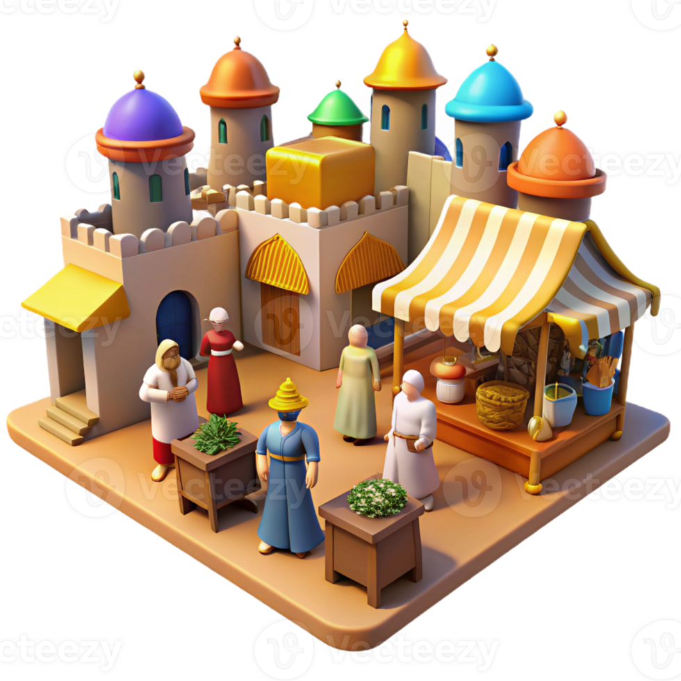 magnificent artistic A bustling medieval marketplace scene with merchants and patrons, vibrant colors, impressionistic style, midday sun premium png