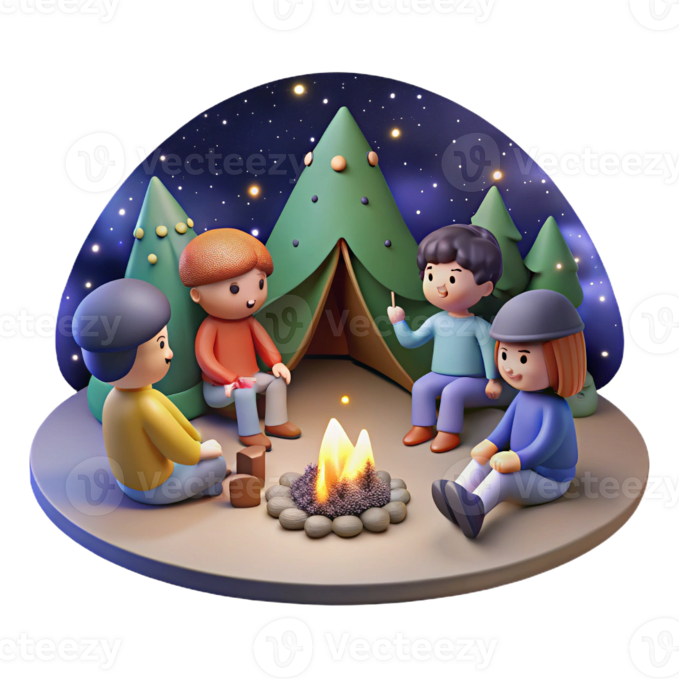 serene traditional A group of friends camping under the starry night sky, sharing stories around a campfire. Warm, inviting lighting. Anime style detailed png