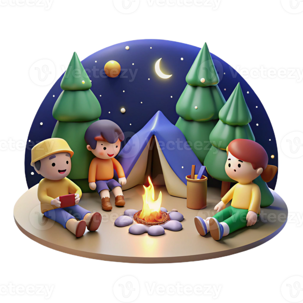 stunning abstract A group of friends camping under the starry night sky, sharing stories around a campfire. Warm, inviting lighting. Anime style professional png