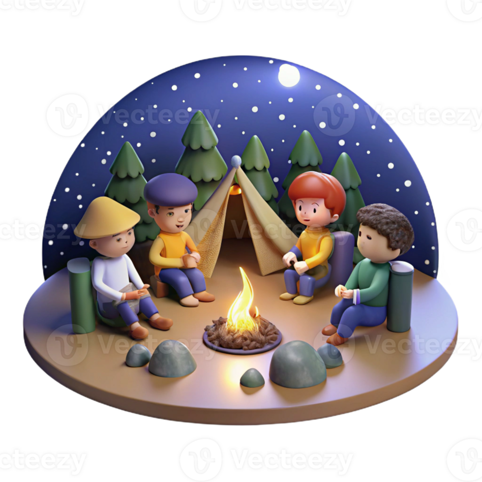 vibrant minimalist A group of friends camping under the starry night sky, sharing stories around a campfire. Warm, inviting lighting. Anime style 4K png