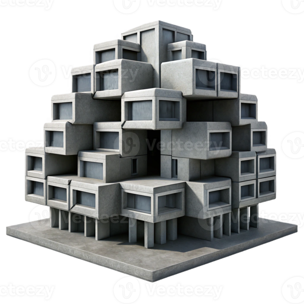 magnificent classic Brutalist concrete apartment complex, modular geometric forms, harsh shadows, dramatic monochrome, highly detailed, Brutalist style authentic png