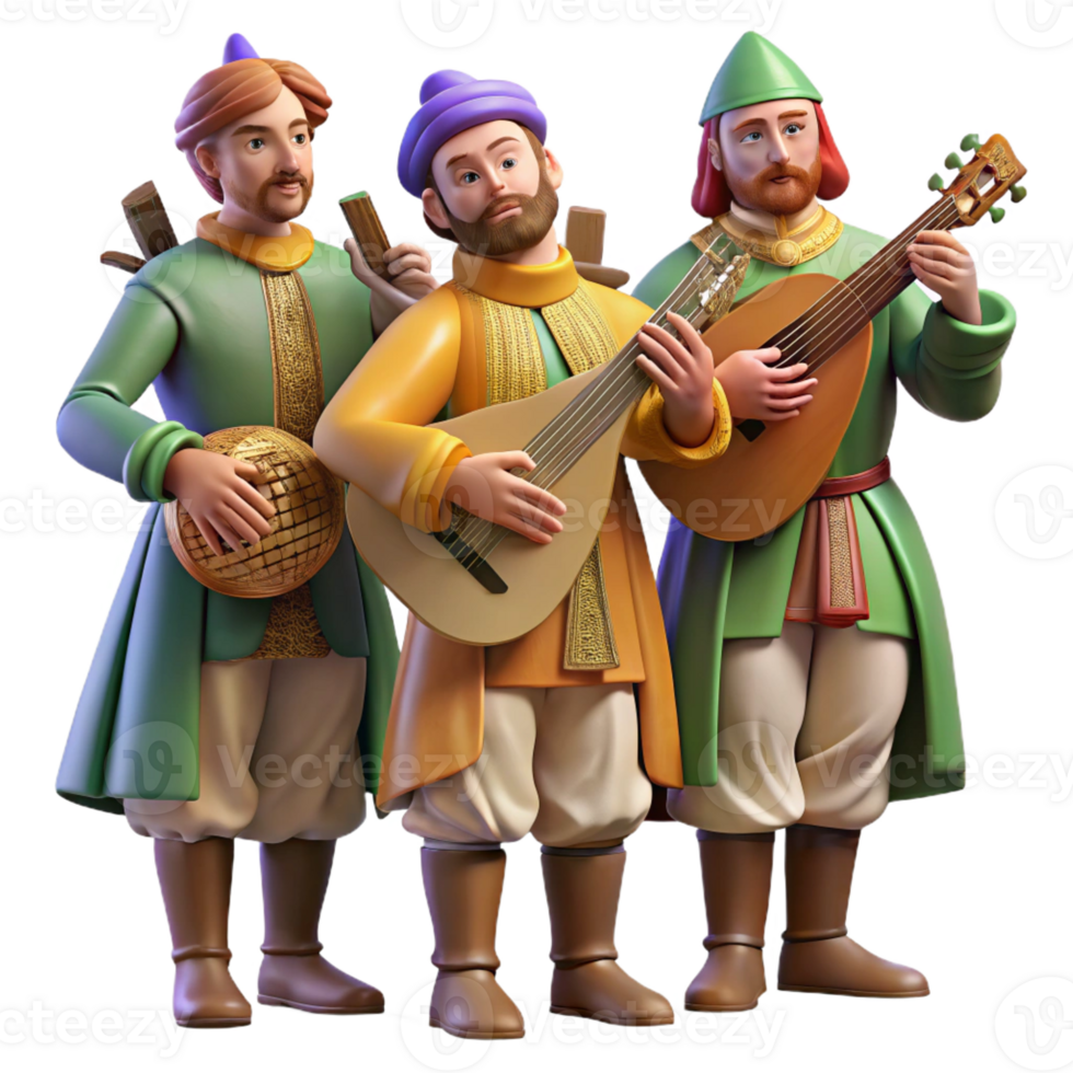 vibrant artistic A group of medieval musicians playing lutes and harps, wearing elaborate costumes, warm stage lighting, renaissance painting style professional png