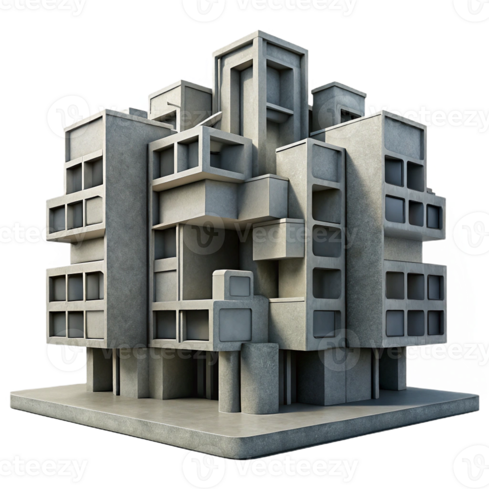vibrant creative Brutalist concrete apartment complex, modular geometric forms, harsh shadows, dramatic monochrome, highly detailed, Brutalist style genuine png