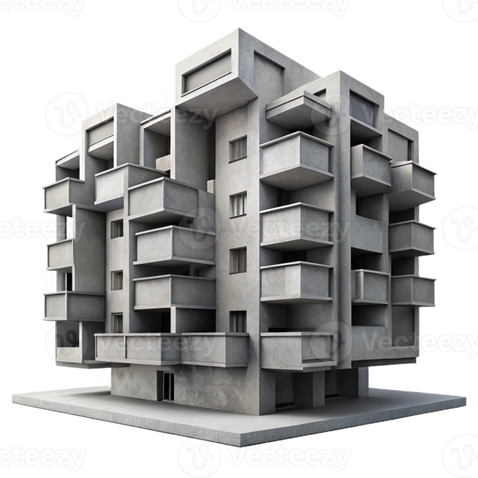 vibrant artistic Brutalist concrete apartment complex, modular geometric forms, harsh shadows, dramatic monochrome, highly detailed, Brutalist style high resolution png