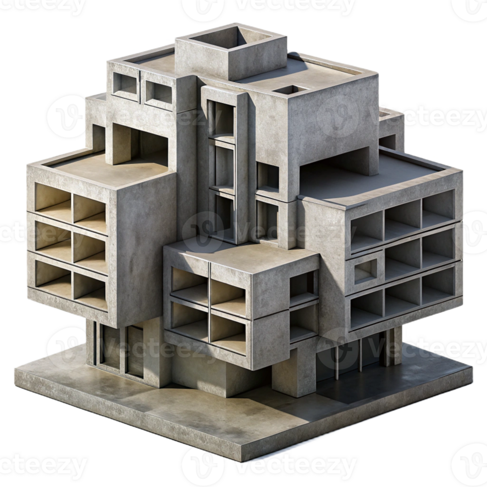 beautiful abstract Brutalist concrete apartment complex, modular geometric forms, harsh shadows, dramatic monochrome, highly detailed, Brutalist style exclusive png
