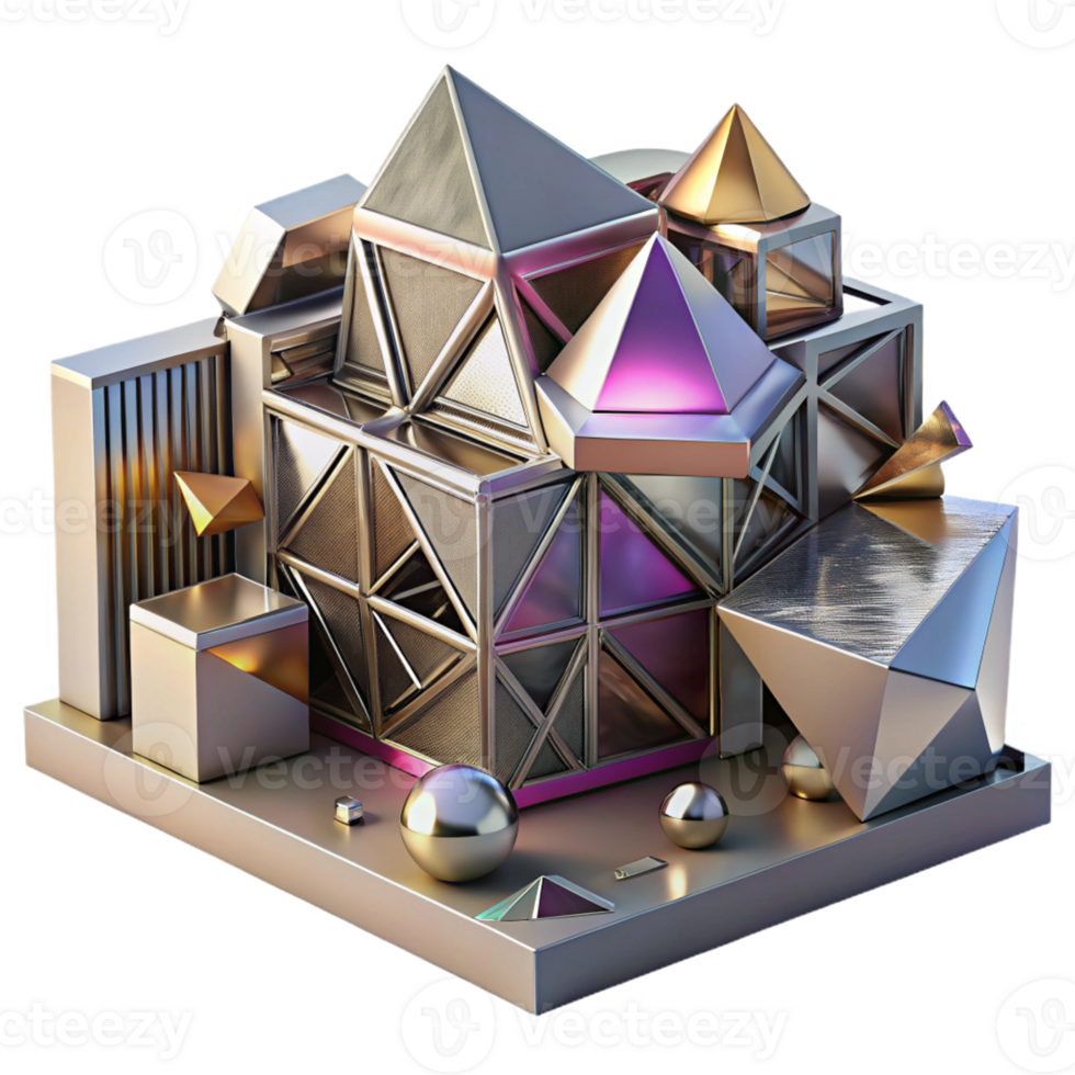 stunning minimalist Deconstructivist museum, fragmented geometric shapes, metallic cladding, dynamic composition, neon lighting, highly detailed, Deconstructivist style genuine png