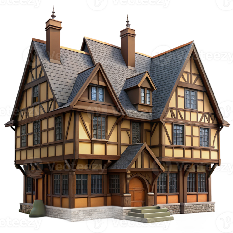 elegant abstract Tudor manor house, half-timbered facade, leaded glass windows, overcast daylight, highly detailed, Tudor style detailed png