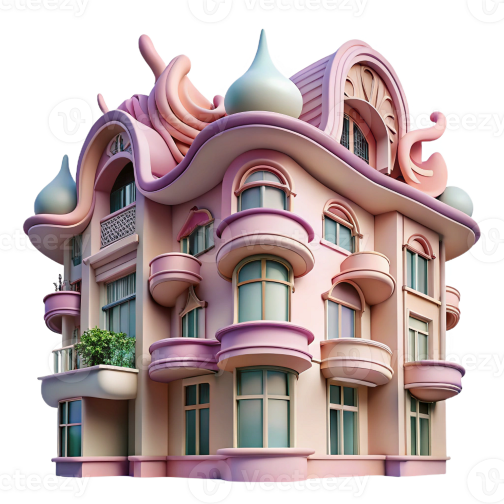 beautiful modern Art Nouveau apartment building, flowing organic lines, floral motifs, pastel colors, soft daylight, highly detailed, Art Nouveau style detailed png