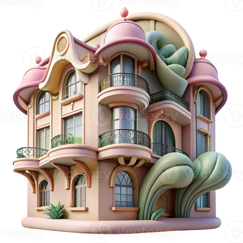 elegant modern Art Nouveau apartment building, flowing organic lines, floral motifs, pastel colors, soft daylight, highly detailed, Art Nouveau style premium png