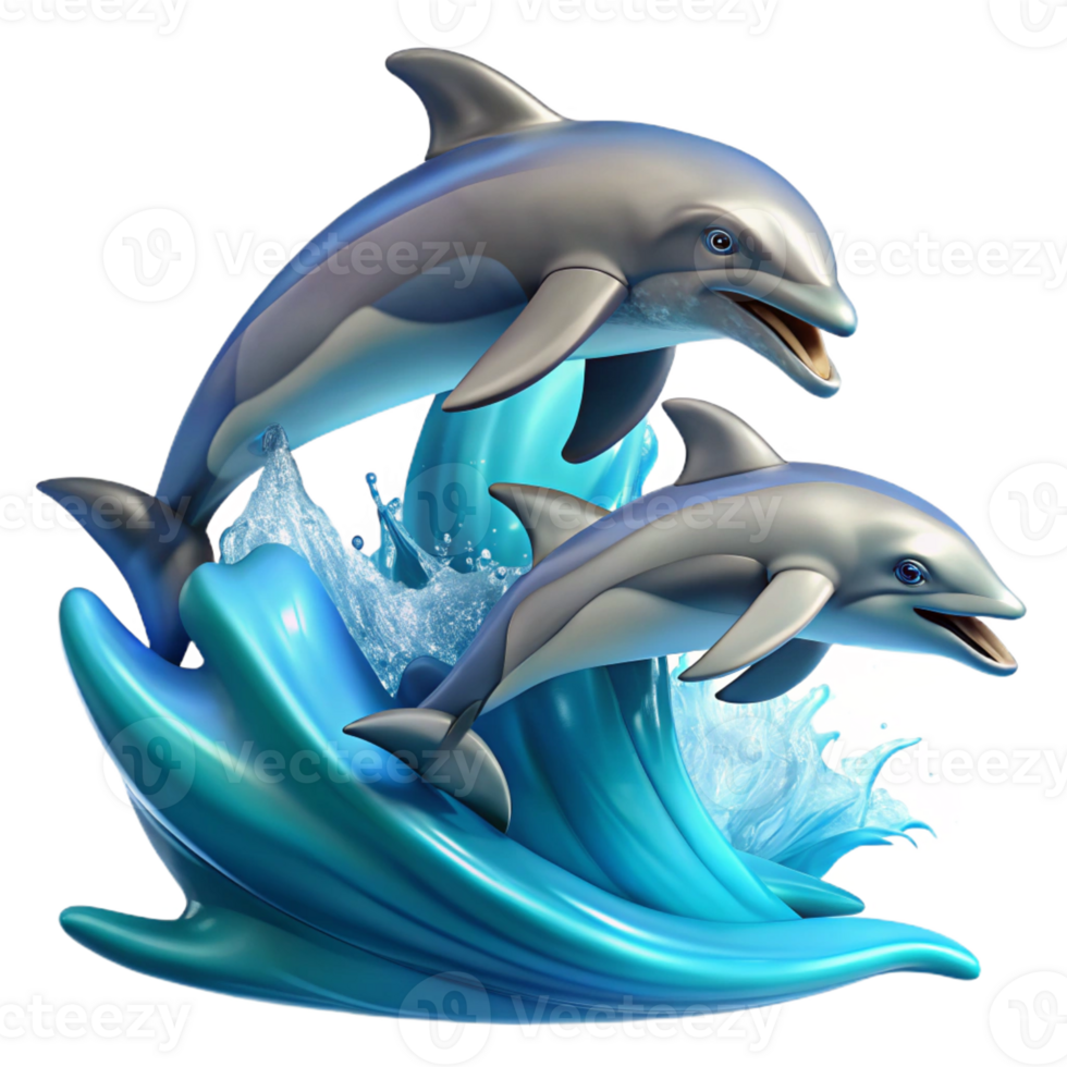 beautiful classic A group of dolphins leaping out of the ocean waves, bright sunlight, dynamic painting style high resolution png