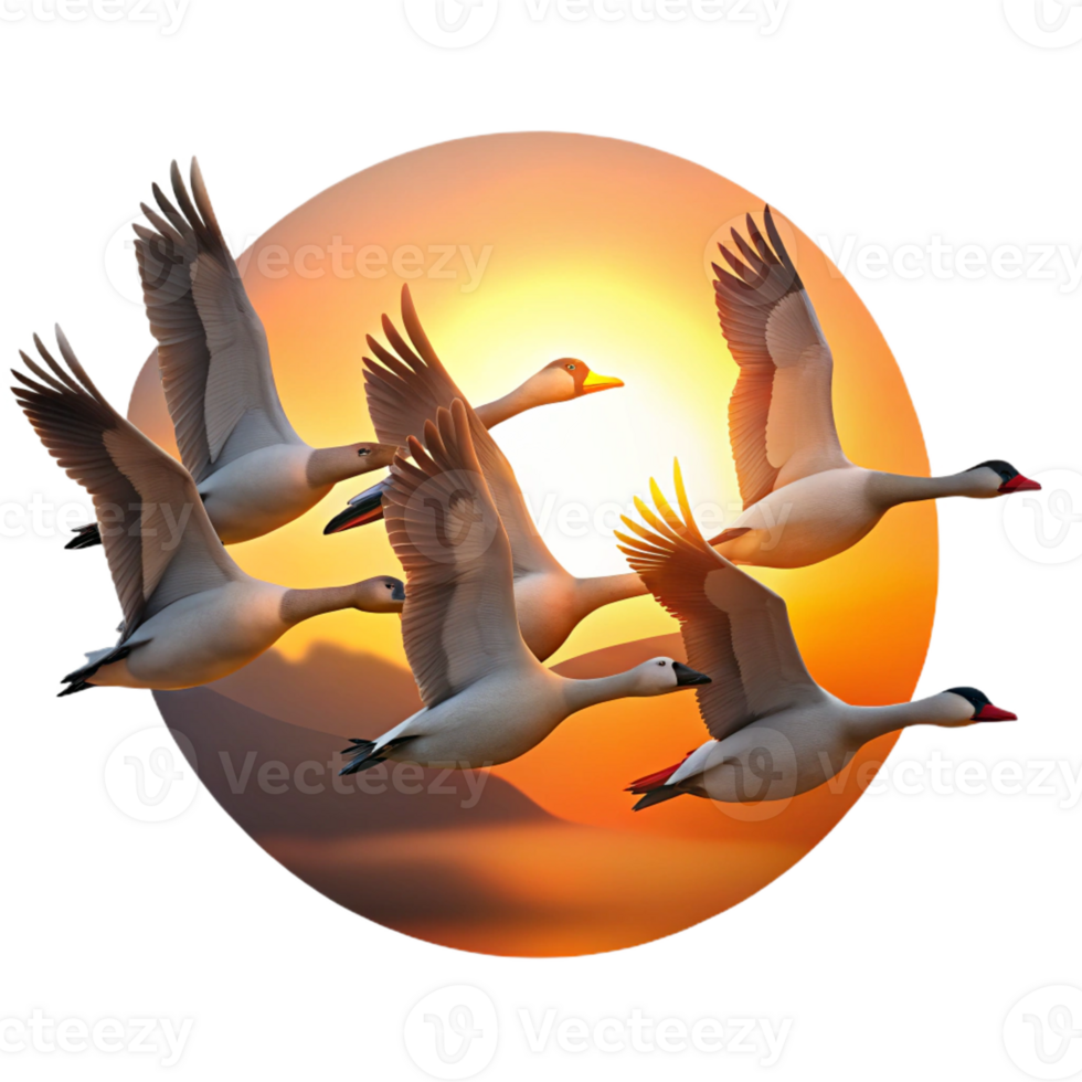 serene artistic A flock of migrating geese flying in V-formation, sunset lighting, silhouette style professional png
