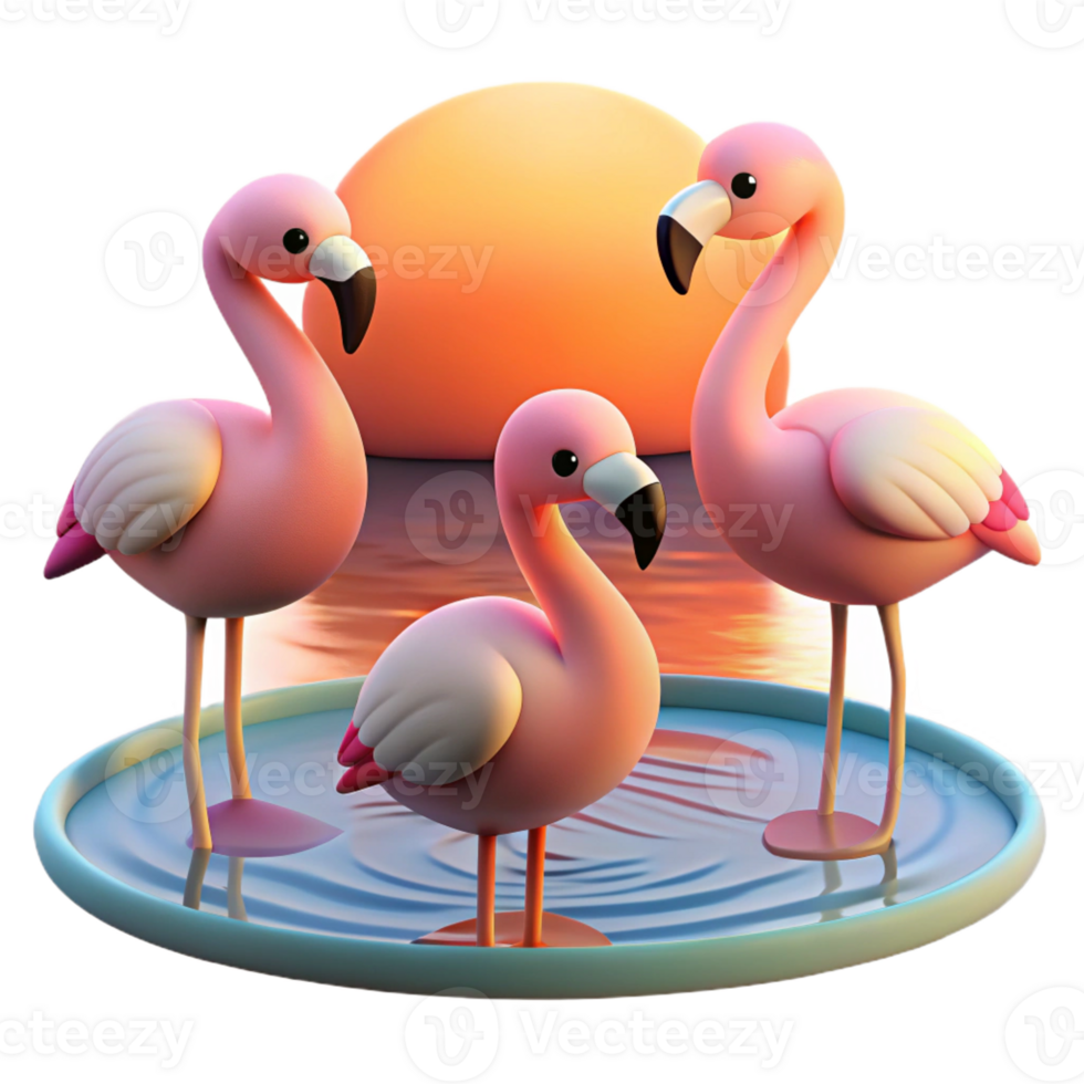 dramatic artistic A group of flamingos wading in a shallow lake, sunset lighting, pastel colors genuine png