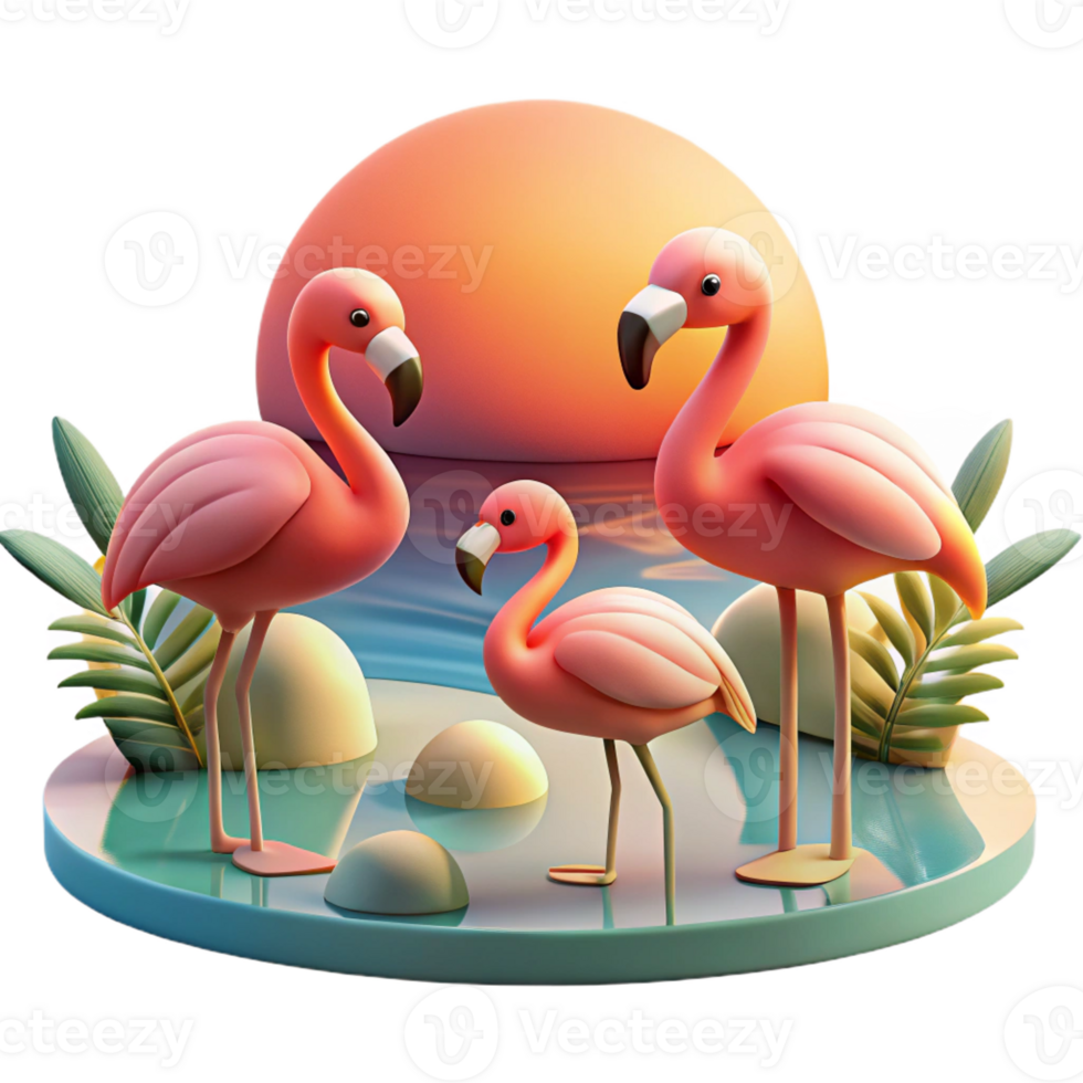 wonderful modern A group of flamingos wading in a shallow lake, sunset lighting, pastel colors high quality png